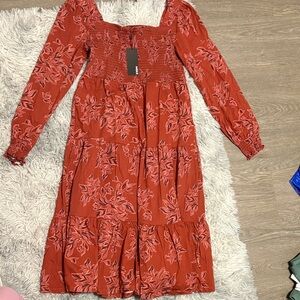Mexx Rust Floral Smocked Long-Sleeve Midi Dress